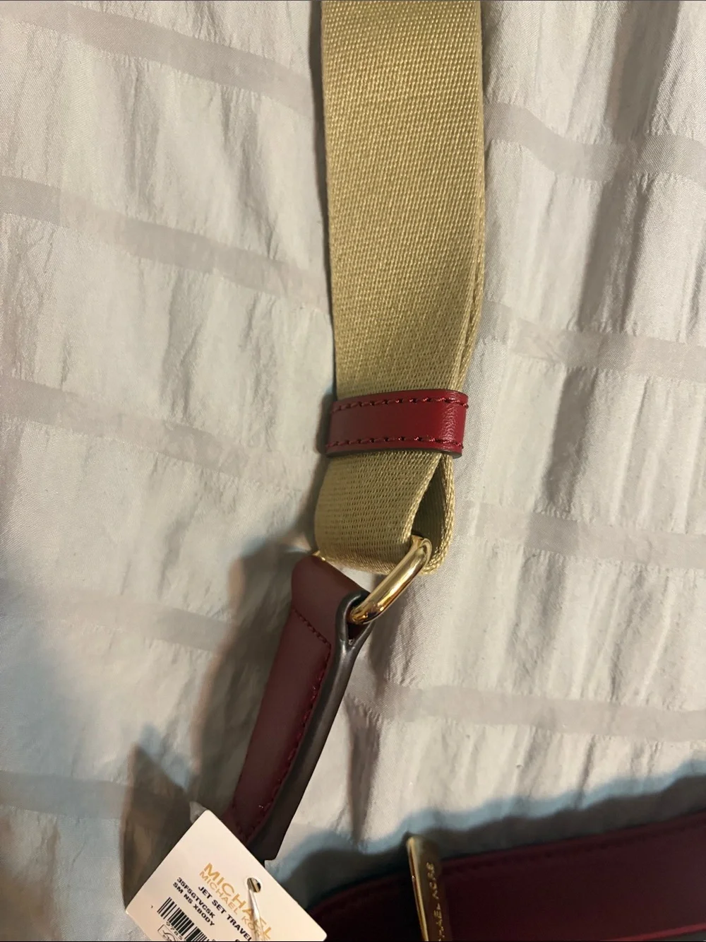 Michael Kors Burgundy and White Signature Stripe Crossbody Bag